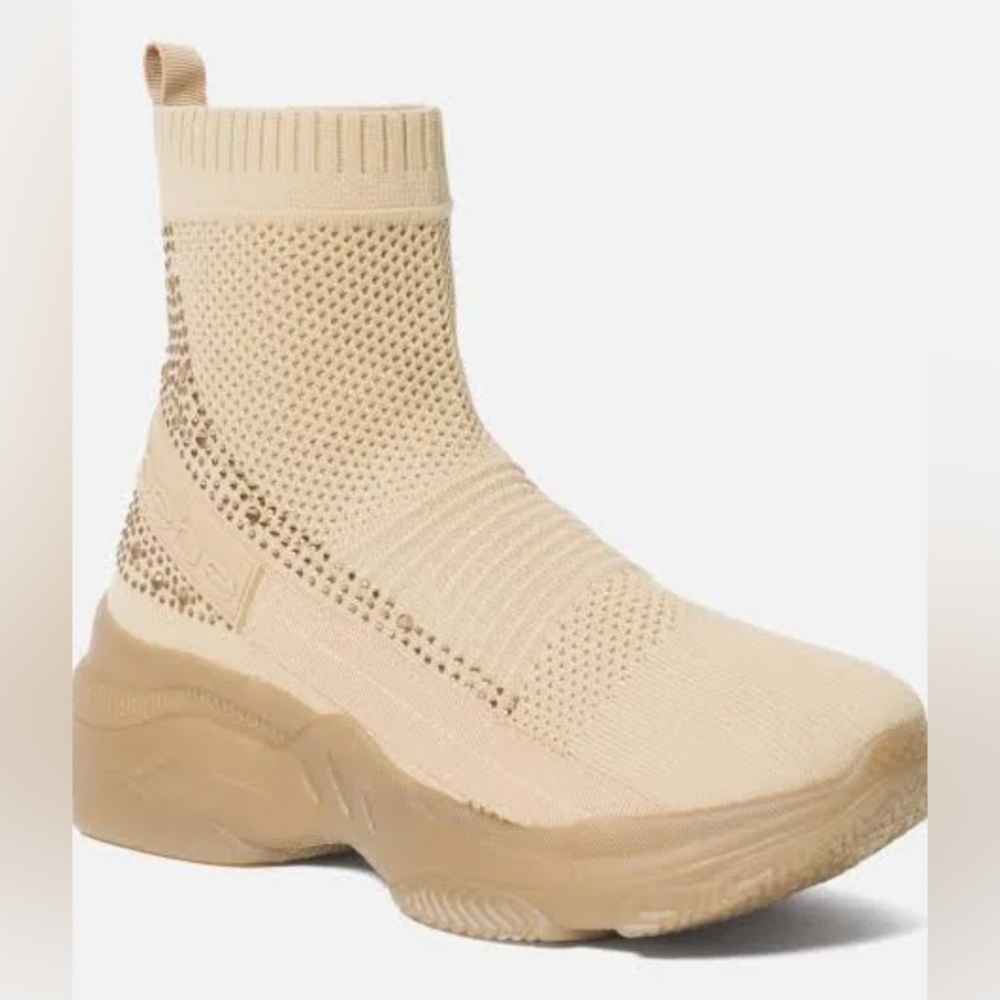 BEBE Sport Aspen Perforated Ankle Knit Sock Boots/ Tan Sparkle - Size 7.5